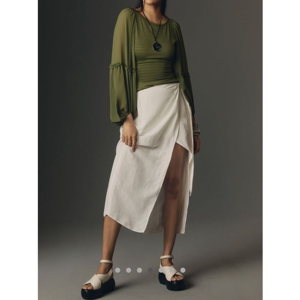 Anthropologie Olive Green Balloon-Sleeve Smocked Top - Picture 4 of 7